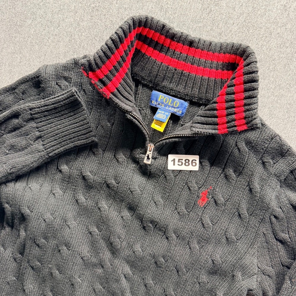 Polo Ralph Lauren Boys Black Cable Knit Quarter Zip Sweater Red Stripe Size M